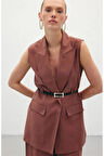 Sateen Kadın Kemerli Keten Yelek 1816-6036
