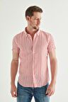 D'S Damat Slim Fit Kırmızı Gofre Çizgili Kısa Kollu Yazlık Gömlek 8HC02ORT04265