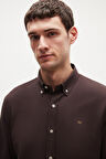 Ds Damat Slim Fit Acı Kahve Oxford Düğmeli Yaka Kolay Ütülenebilir Nakış Detaylı Pamuklu Gömlek