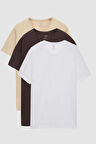 Ds Damat Slim Fit Kahve/Bej/Beyaz 3'Lü Set V Yaka T-Shirt