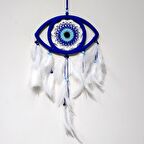 Göz Model Nazar Boncuğu Motifli Kuş Tüylü El Yapımı Mavi Düş Kapanı Duvar Dekoru