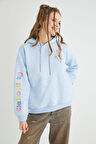 Lisanslı Baskılı Kapüşonlu Kalın  Mavi  Sweatshirt