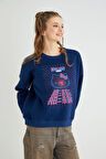 Lisanslı Baskılı Kalın Lacivert Sweatshirt
