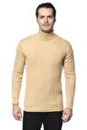 Erkek Slim Fit Fitilli Likralı Düz Renkli Triko Boğazlı Kazak