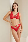 Kırmızı Göğüs Dekolteli Dantelli Sütyen Takım
