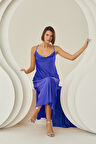 Saks Mavi Silky Saten Uzun Tek Gecelik