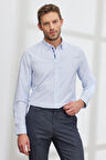Erkek Beyaz-mavi Slim Fit Dar Kesim Gizli Düğme Yaka Baskılı Gömlek