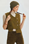 Cep Detaylı Asimetrik Kesim Bohem Yelek Haki | M/L