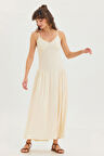 Askılı V Yaka Kloş Uzun Bohem Elbise Bej | M