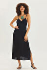 Sırt Dekolteli Askılı Midi Elbise Siyah | S