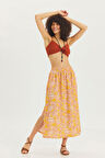 Yandan Yırtmaçlı Beli Lastikli Bohem Midi Boy Etek Sarı | M/L