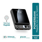 Phixi Force PW5 5000mAh 22.5W MagSafe Powerbank  - Kablosuz Mini Şarj Cihazı - 1 USB 1 PD Port - Dijital Ekran - Taşınabilir Şarj Cihazı