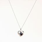 Karlı Obsidyen Doğal Taş Kalpli Kolye, Gümüş Zincir