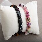 Kaplan Gözü-Pembe Kuvars Doğal Taş Zirkon Çift Bileklik Seti