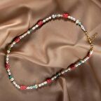 İnci-Fosil Mercan-Amazonit Doğal Taş Altın Kaplama Kapama Kolye