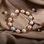 İnci-Lapis Lazuli-Amazonit-Yeşim Doğal Taş Gümüş Bileklik