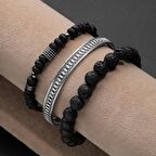 Lav Taşı-Hematit Doğal Taş Telkari Gümüş Bileklik Seti