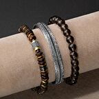 Hindistan Cevizi Kabuğu-Dumanlı Kuvars-Hematit Doğal Taş Telkari Gümüş Bileklik Seti