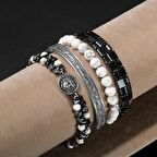 Havlit-Karlı Obsidyen-Hematit Doğal Taş Telkari Gümüş Bileklik Seti