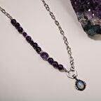 Ametist-Ay Taşı Doğal Taş Gümüş Tasarım Kolye - 54cm