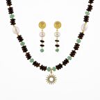 Hindistan Cevizi Kabuğu-Yeşil Aventurin-İnci Doğal Taş Gümüş Tasarım Kolye Küpe Seti - 54cm