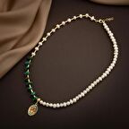 Mozaik Turkuaz Firuza Taşlı-İnci Doğal Taş Gümüş Tasarım Kolye - 54cm