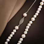 İnci Doğal Taş Gümüş Tasarım Kolye - 54cm