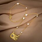 Ay Taşı Taşlı İnci Doğal Taş Gümüş Tasarım Kolye - 54cm