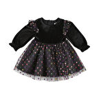 Panço Kız Çocuk Renkli Puantiye Detaylı Elbise Siyah