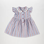 Kız Çocuk Çizgi Desenli Elbise Mavi