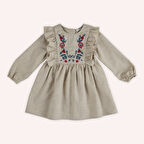 Kız Çocuk Nakış Detaylı Elbise Bej