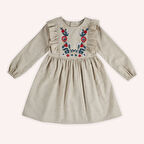 Kız Çocuk Nakış Detaylı Elbise Bej