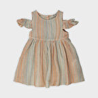 Kız Çocuk Çizgi Desenli Elbise Oranj