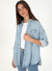 U.S. Polo Assn. Oversized Gömlek Yaka Açık İndigo Kadın Denim Gömlek SOFIA