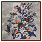 DESENLİ ÇİÇEKLİ TWİLL KAHVERENGİ İPEK EŞARP