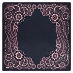 ÇİÇEK DESENLİ VARAKLI LACİVERT SATEN İPEK EŞARP