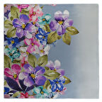 BAHAR DESENLİ MAVİ SATEN İPEK EŞARP