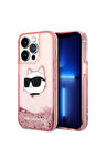 Apple iPhone 14 Pro Max Uyumlu Kılıf Karl Lagerfeld Sıvılı Simli Choupette Head Dizayn Kapak Pembe