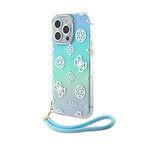 iPhone 15 Pro Max Kılıf Guess Orjinal Lisans Yazı Logolu Askı İpli Holografik Glitter Peony Turkuaz