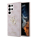 Galaxy S24 Ultra Uyumlu Kılıf Guess Lisanslı PU Deri Yazı ve 4G Metal Logolu Desenli Kapak Pembe