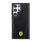 Galaxy S24 Ultra Kılıf Ferrari Lisanslı Magsafe Özellikli Sıcak Baskı V Çizgili Deri Kapak Siyah