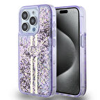 iPhone 15 Pro Uyumlu Kılıf Guess Orjinal Lisanslı Transparan Sıvılı Simli Altın Çizgili Kapak mor