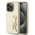 iPhone 15 Pro Kılıf Karl Lagerfeld Lisanslı 3D KL Yazılı Tüylü Arka Yüzey Saffiano Rhinestones Gold