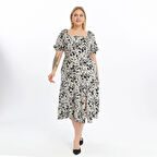 Apsen Kadın Bej Kare Yaka  Önden Yırtmaçlı Kol Detaylı Empirme Viscon Elbise 4507/125