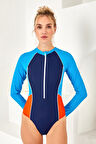UV Korumalı Uzun Kollu Fermuarlı Sörfçü Mayo Yüzücü Mayo 4163 Mavi | 36