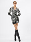 Zebra Desenli Elbise Mini Anvelop Uzun Kollu V Yaka