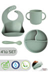 4'lü Silikon Beslenme Seti - Vakumlu Tabak, Önlük, Bardak, Diş Kaşıyıcı Kaşık - Yeşil