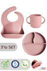 3'lü Silikon Beslenme Seti - Silikon Mama Önlüğü, Kulplu Bardak, Vakumlu Tabak - Pembe