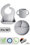 3'lü Silikon Beslenme Seti - Silikon Mama Önlüğü, Vakumlu Tabak, Kulplu Bardak - Gri