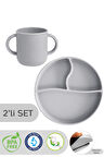 2'li Silikon Bebek Beslenme Seti - Vakumlu Tabak, Çift Kulp Kupa Bardak - Gri